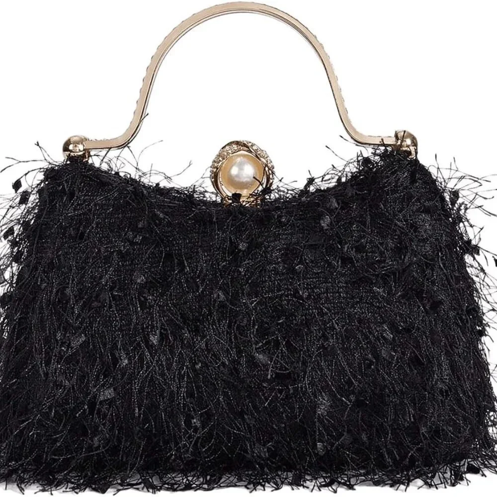 Women's Evening Clutch Purse Faux Feather Compact Shoulder Bag for Formal Events